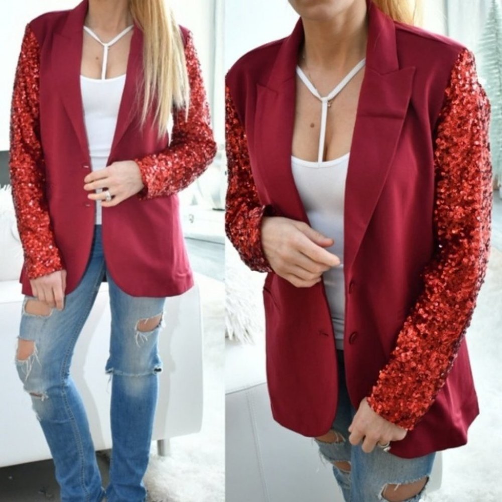 Burgundy Sequinned Sleeved Blazer - Picture 2 of 4